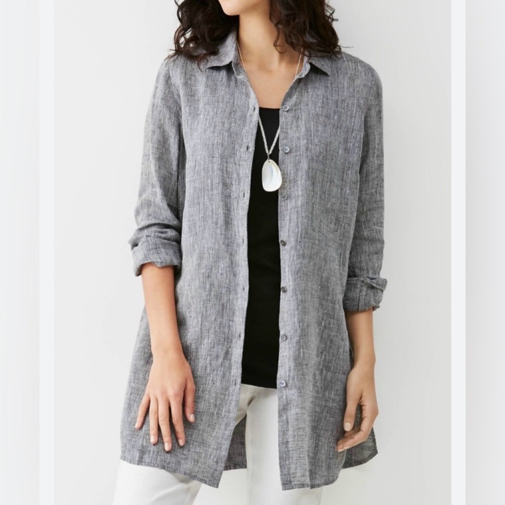 J.Jill Women’s Gray Button-Up Long Sleeve Shirt Linen Shirt Size S Tall